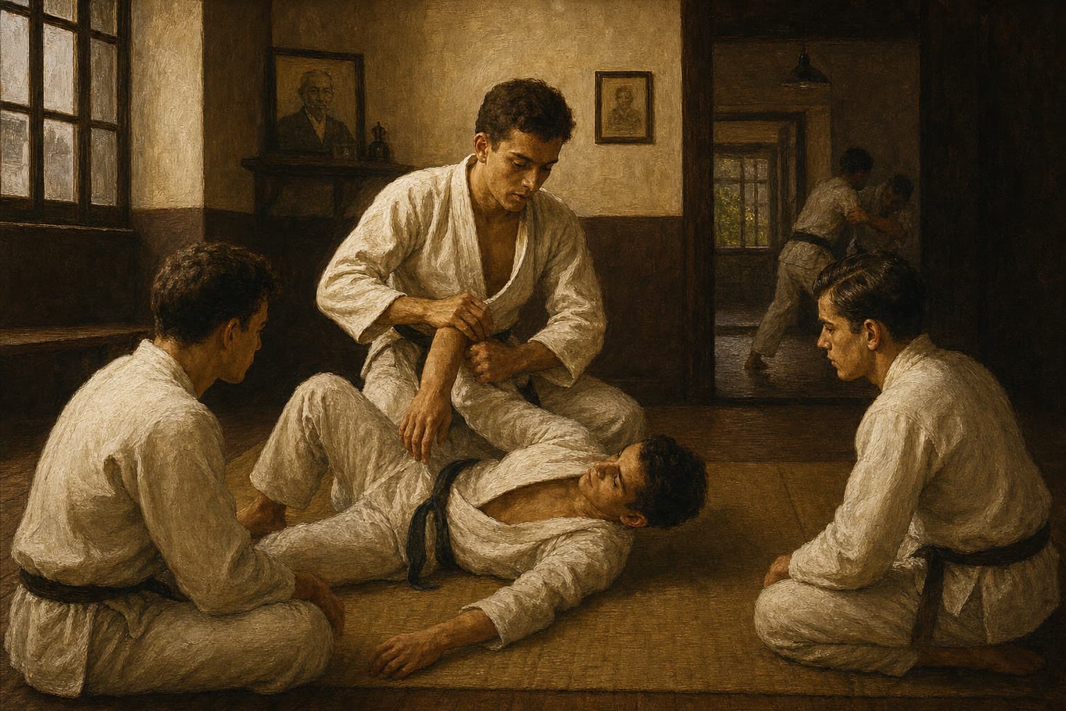 Carlos Gracie teaching his brothers at the first Gracie academy on Rua Marquês de Abrantes in Rio de Janeiro