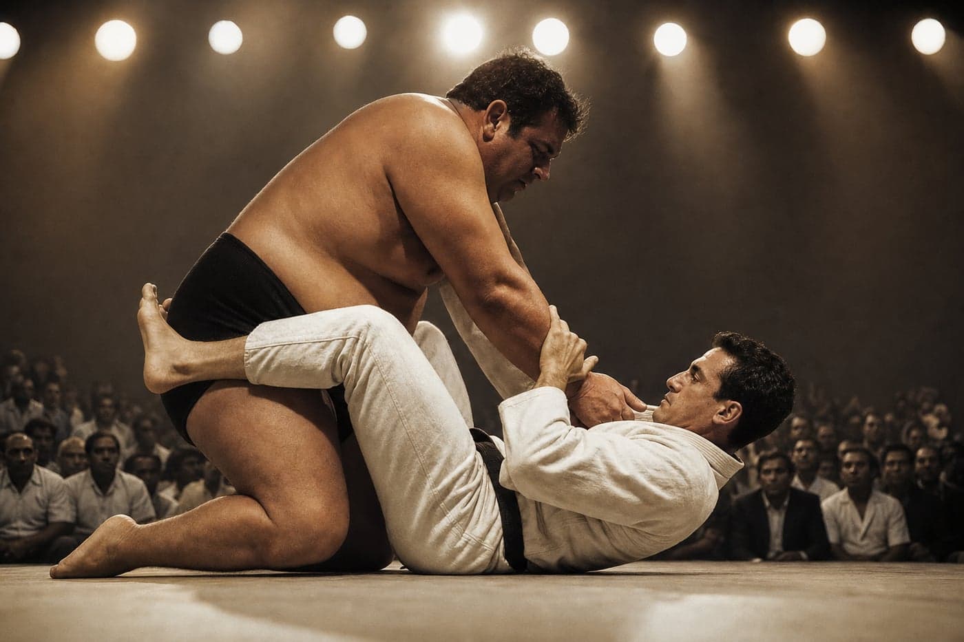 Hélio Gracie in a 1930s challenge match under the lights in Rio de Janeiro