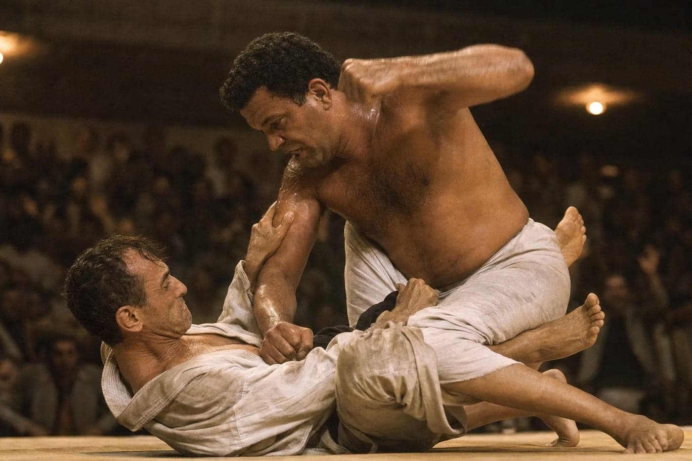 Hélio Gracie and Waldemar Santana locked in their marathon vale tudo, Rio 1955